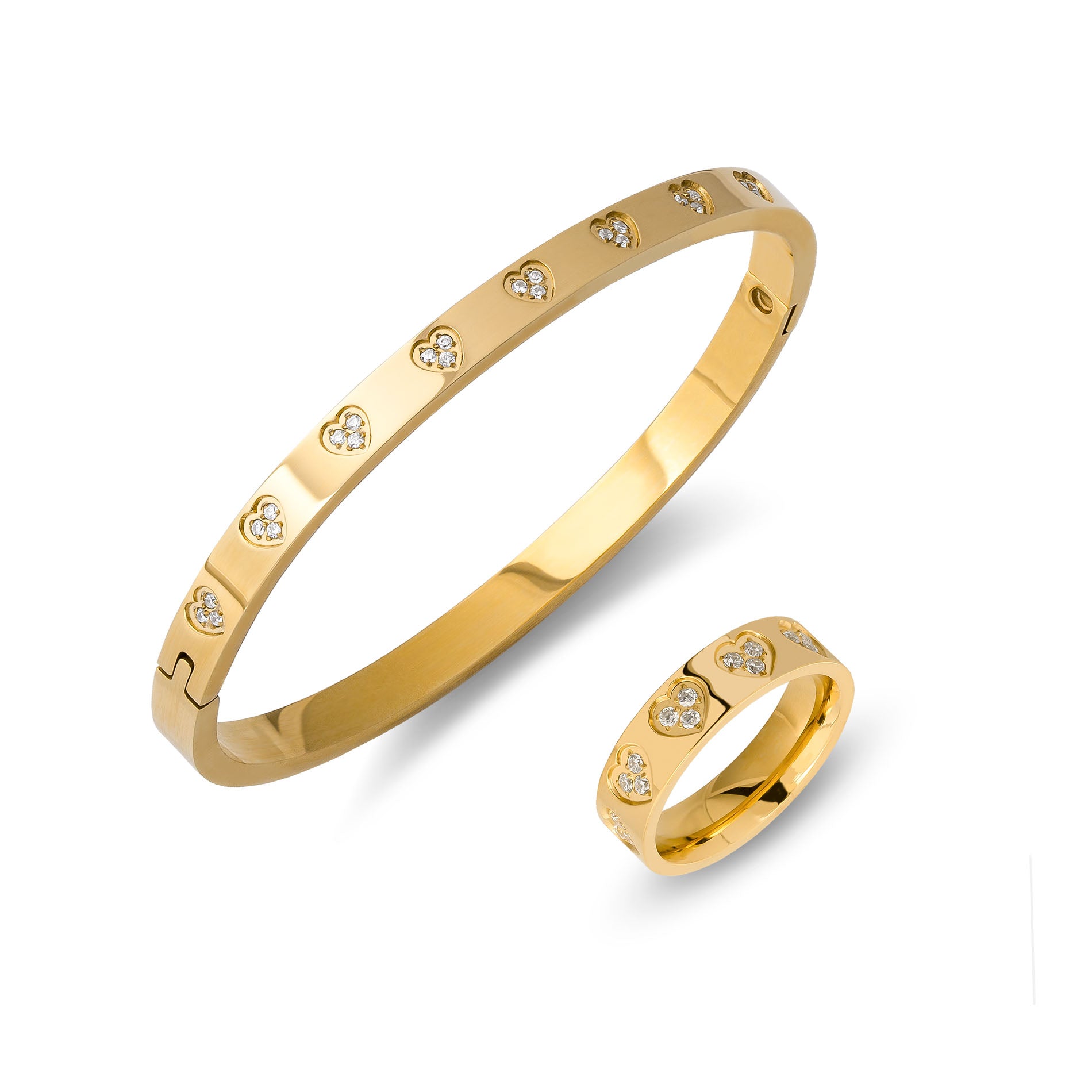 Zirconia hearts bangle & ring gold - Stainless steel