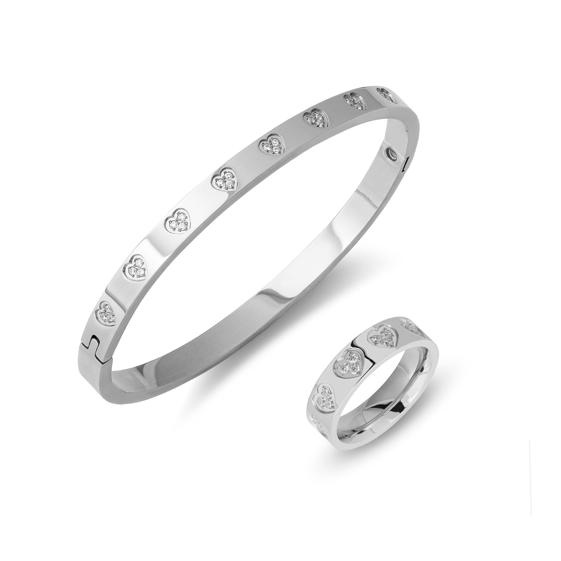 Zirconia hearts bangle & ring silver - Stainless steel